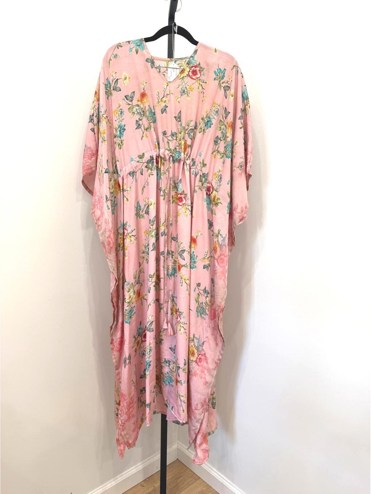 Recycled Sari Kaftan Pink Floral Bohemian Maxi Dress With Drawstring Waist